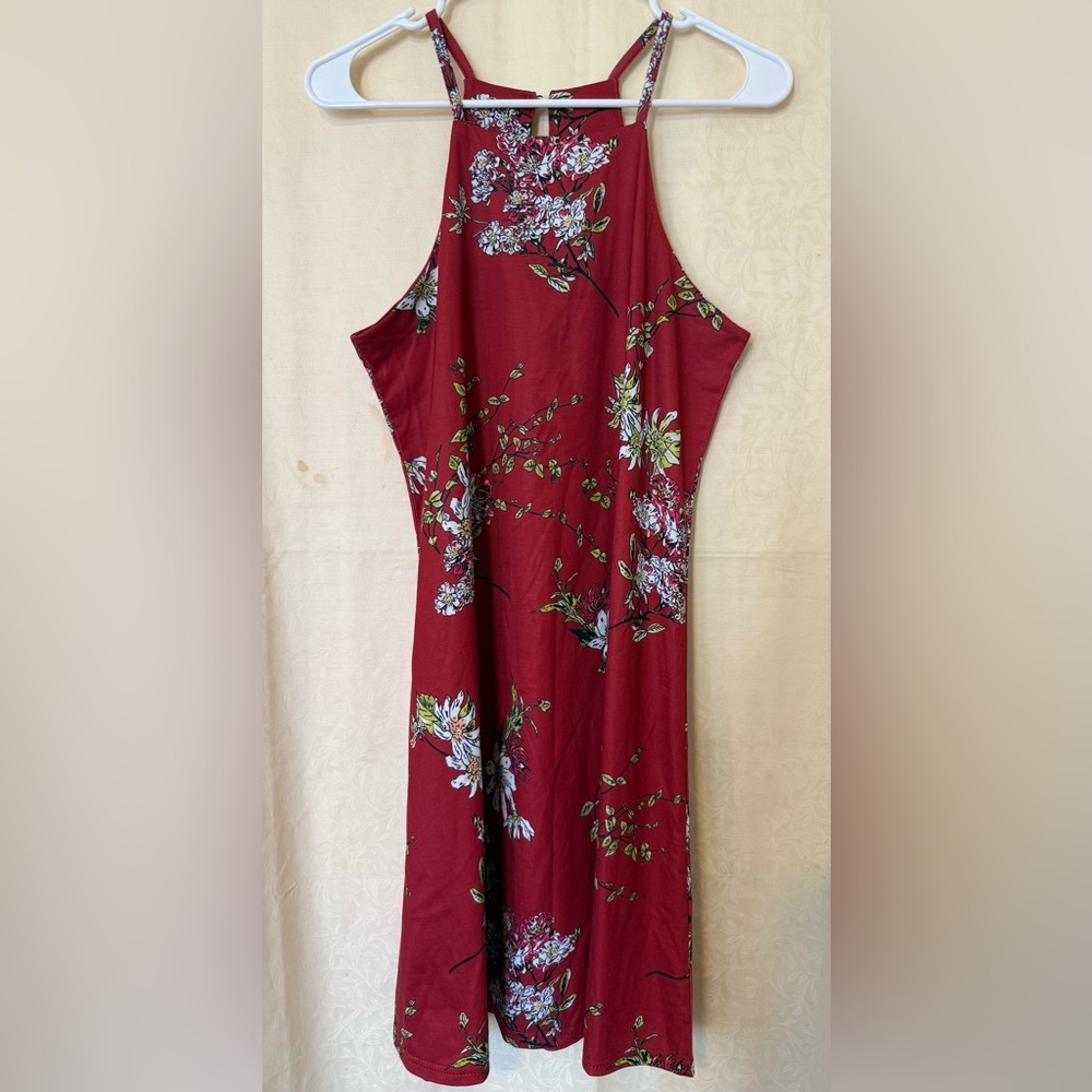 Burgundy Floral Print Dress, Women’s Size Medium, High Neck, Stretchy Knit Dress
